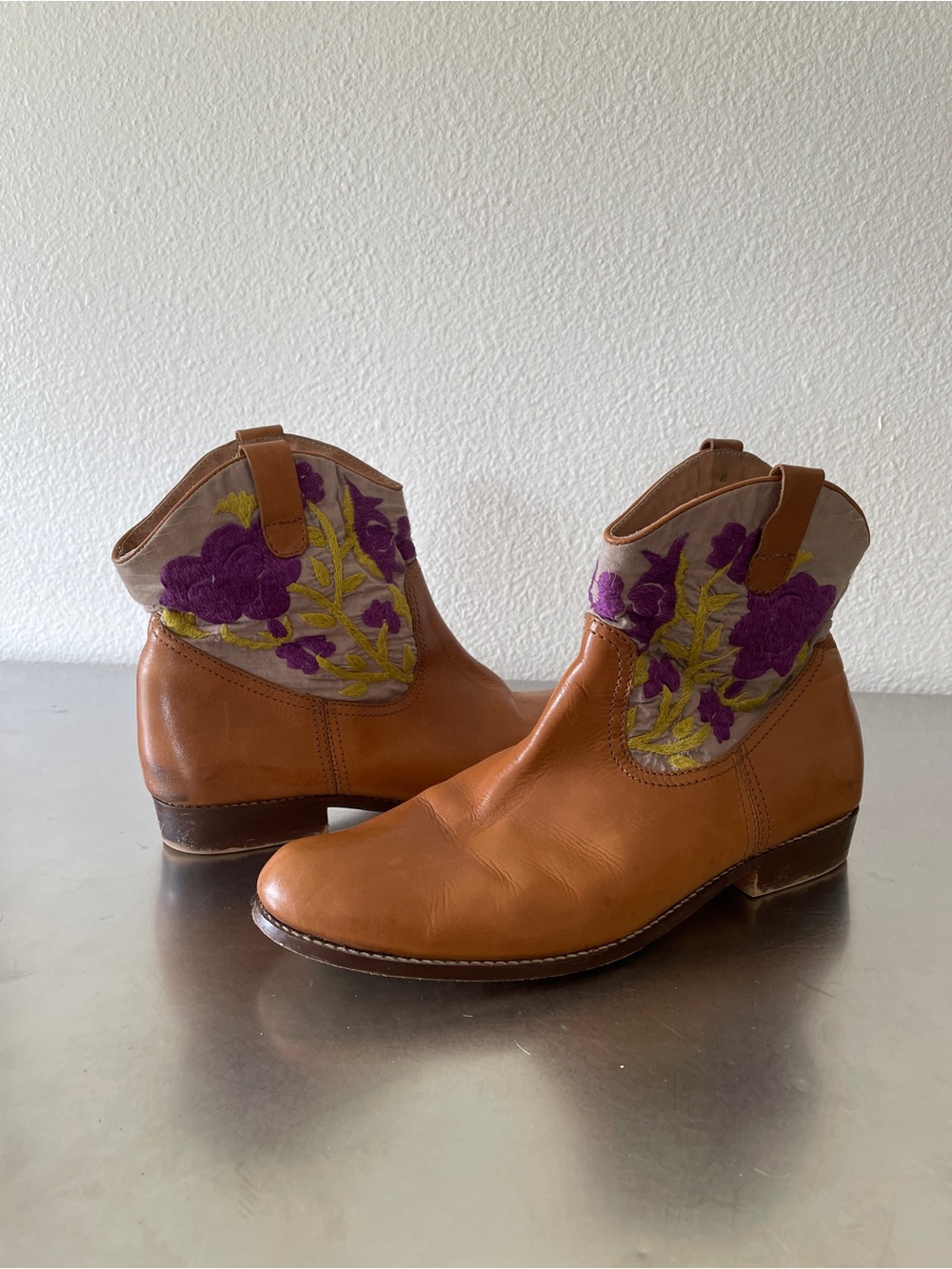 Antik Batik Leather Ankle Western Boot with Purple Floral Embroidery